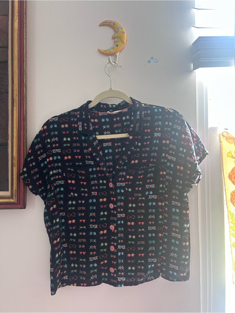Anthropologie Carabel Sunglasses Print Silk Black Button Up Blouse Size Small